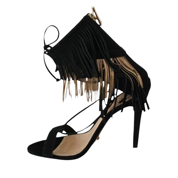NEW Schutz Fringe Suede Stiletto Sandal Metal and Suede Fringe Black Size 9.5 - Picture 5 of 15
